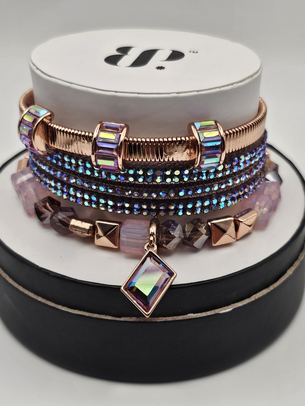 BOMB PARTY 3 Pc Rose Gold Iridescent Multi-Layer Bracelet Stack Rainbow Topaz